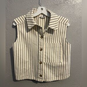 Sleeveless Button-Up Blouse - Cream with Black Pinstripes